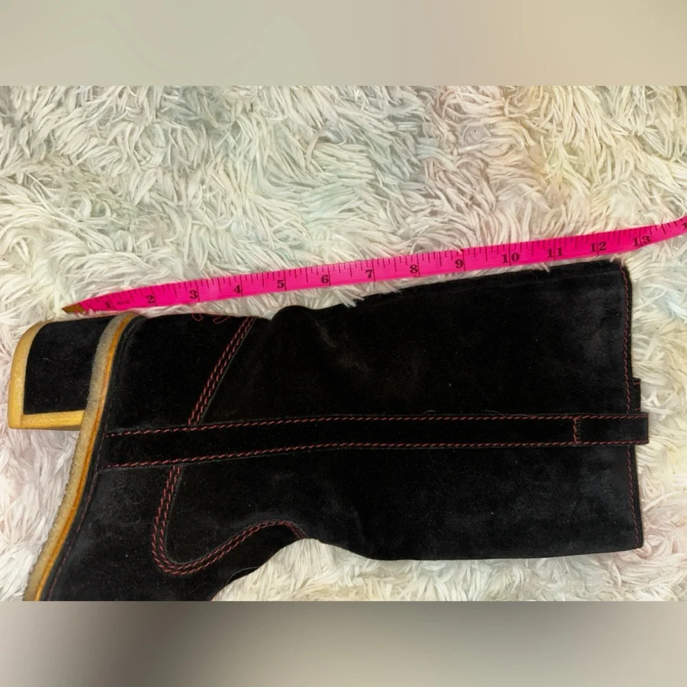 Chanel Mid Calf Block Heel Black Suede Pink Stitching Boots Size 37.5